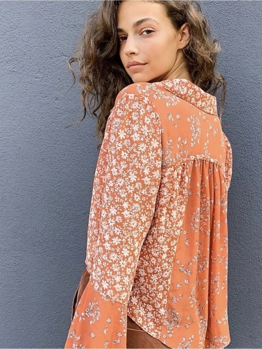 Free People Serena Printed Floral Spring Blouse In Rust Combo - Picture 2 of 9